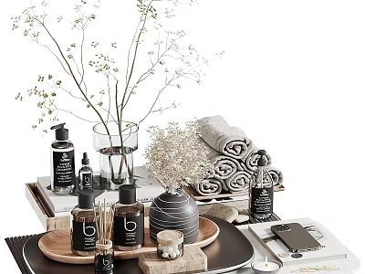 Elegant Washing Essentials Arrangement with Rolled Towels Glass Vase and Wooden Trays 3d model