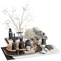 Elegant Washing Essentials Arrangement with Rolled Towels Glass Vase and Wooden Trays