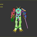3D Robot Character Featuring Yellow Horns Blue Orange Arms White Body Claw Feet And Sword