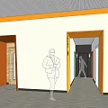 Public Restroom Interior With Orange White Tiles Geometric Patterns Stalls And Washbasin Mirror