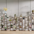 Wooden Multi Tiered Display Shelves With Small Garden Decor Miniature Bonsai And Potted Plants