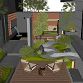 Modern Courtyard Garden With Wooden Deck Rattan Chairs Small Round Table And Greenery