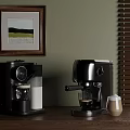 Modern Kitchen Coffee Machines On Wooden Countertop With Artwork And Blinds