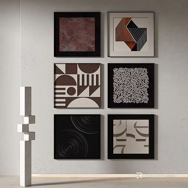 Abstract Paintings with Geometric Patterns Brown Black White on Gray Wall Modern Decorative Column 3d model