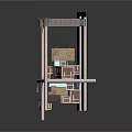 Architectural Shelf with Metal Brackets Displaying Wooden Crates Against Gray Brick Wall