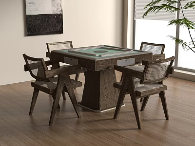 Wooden Entertainment Table with Green Tabletop and Four Chairs in Indoor Setting with Plant 3d model