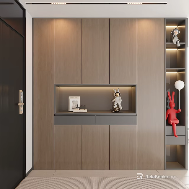 Modern Entryway Hallway Featuring Light Brown Wooden Cabinets Display Niche Photo Frame Books And Figurines 3d model 