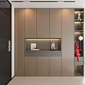 Modern Entryway Hallway Featuring Light Brown Wooden Cabinets Display Niche Photo Frame Books And Figurines