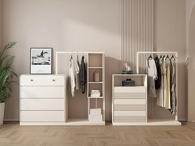 White Clothes Racks With Hanging Colored Clothing Folded Items And Storage Shelves 3d model