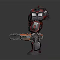 Red And Silver Mech Character Standing With Glowing Purple Accents And Weapons