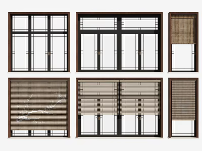 Different Casement Window Designs with Grilles Wooden Frames and Blinds 3d model