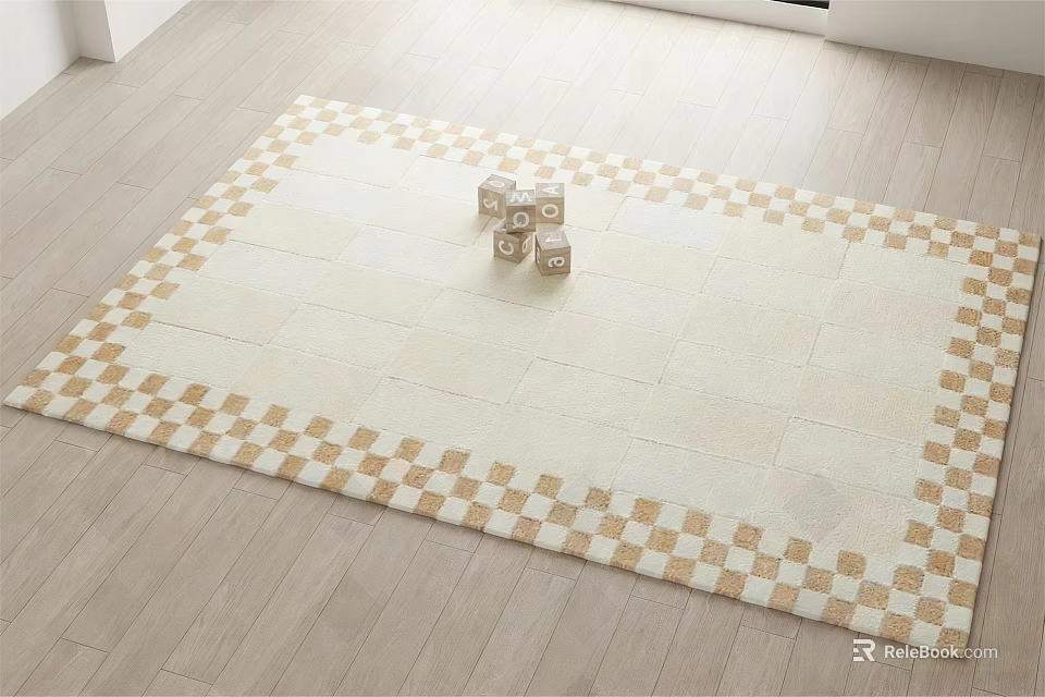 Stylish Square Carpet With Beige And Gold Checkerboard Border On Light Wooden Floor 3d model 