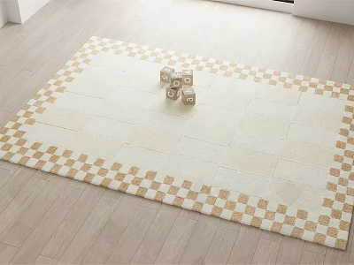 Stylish Square Carpet With Beige And Gold Checkerboard Border On Light Wooden Floor 3d model