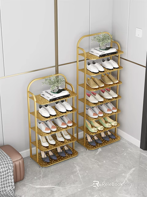Golden Multi Tier Metal Shoe Rack With Shoes Potted Plant And Books 3d model 