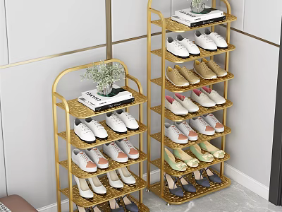 Golden Multi Tier Metal Shoe Rack With Shoes Potted Plant And Books 3d model