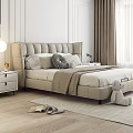 Upholstered Double Bed with Tufted Headboard Bedside Tables Lamp Teddy Bear on Light Carpet Wooden Floor