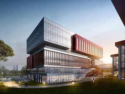 Modern Office Building Exterior With Glass Curtain Wall Red Structural Accents And Green Landscaping 3d model