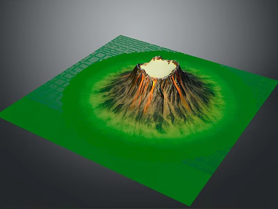 Modern 3D Volcano Model with Square Base Green Surrounding and Textured Landscape 3d model