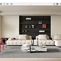 Modern Living Room Interior With Beige Sofa Red Chairs Marble Coffee Table And Black Shelving