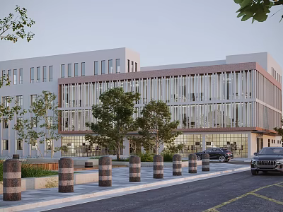 Modern Office Building with Glass Curtain Walls and Lush Trees Along Street and Cars Nearby 3d model