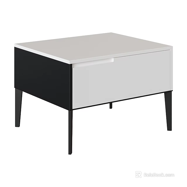 Double Bed With Modern Bedside Table Featuring White Top Black Cabinet And Slim Legs 3d model
