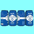 Four Blue Beer Cans With White Logo Design On Light Blue Background 3d model