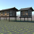 Wooden Stilt House with Tile Roof Multiple Windows and Stone Brick Ground Surrounded by Grass