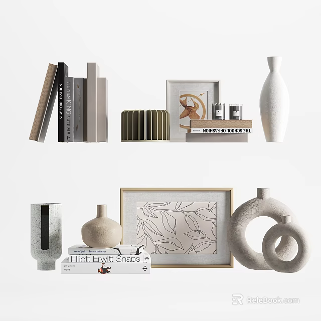 Stylish Ornamental Decor Collection With Vases Picture Frames Books And Leaf Pattern Artwork 3d model 