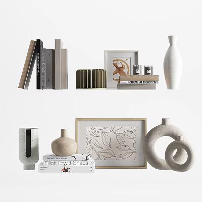 Stylish Ornamental Decor Collection With Vases Picture Frames Books And Leaf Pattern Artwork 3d model