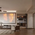 Modern Living Dining Room Featuring Large Screen Projecting Titanic Ceiling Fan And Open Kitchen