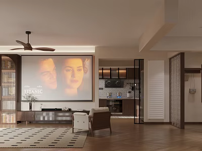 Modern Living Dining Room Featuring Large Screen Projecting Titanic Ceiling Fan And Open Kitchen 3d model