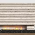 Modern Fireplace With Light Striped Stone Flames Burning And Dark Marble Base On White Wall