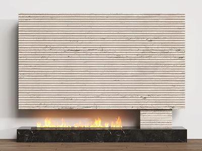 Modern Fireplace With Light Striped Stone Flames Burning And Dark Marble Base On White Wall 3d model