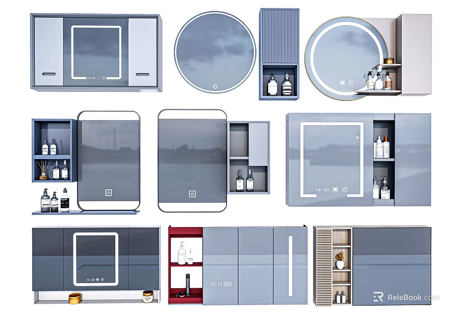 Various Modern Mirror Cabinet Designs With Storage Shelf And Decorative Elements 3d model 