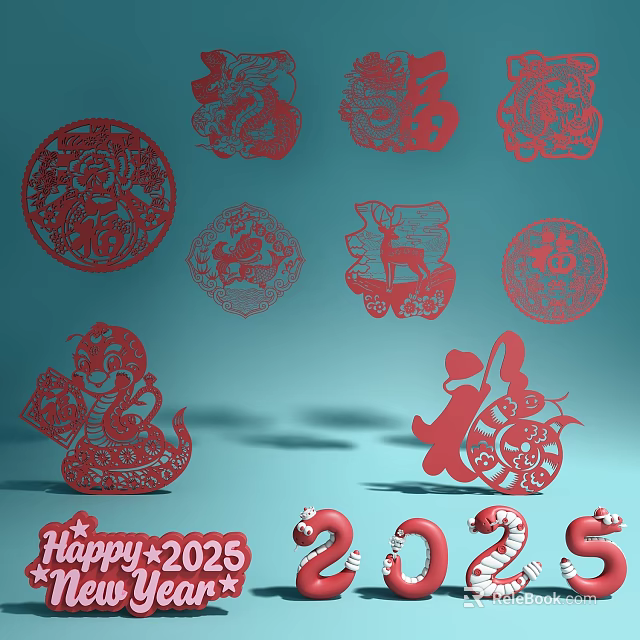 Red Paper Cut Style Decorative Ornament Set With Dragon Snake Deer Fortune And 2025 Elements 3d model 