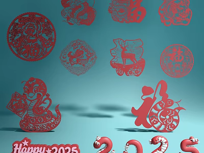 Red Paper Cut Style Decorative Ornament Set With Dragon Snake Deer Fortune And 2025 Elements 3d model