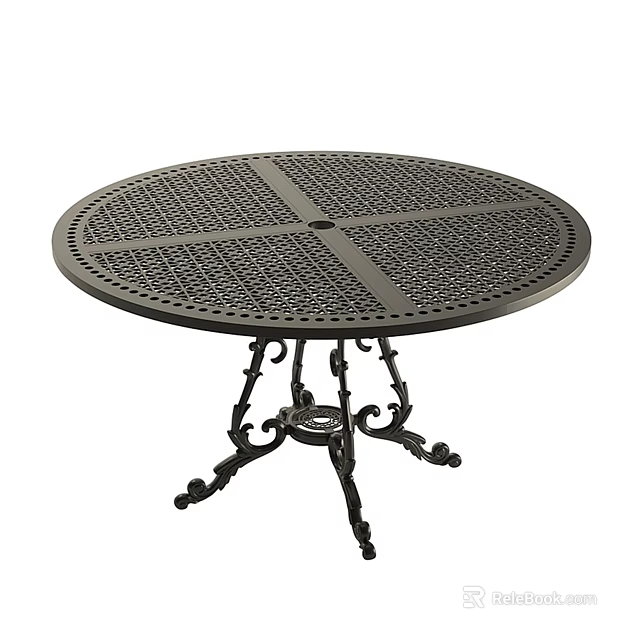 Round Cast Iron Outdoor Table With Lattice Design And Ornate Legs 3d model 