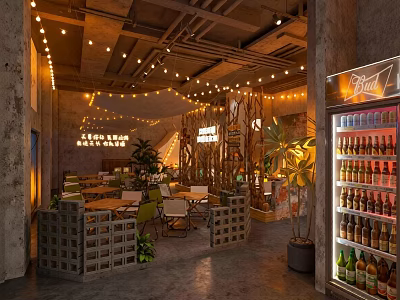 Industrial Style Cafe Interior With String Lights Wooden Tables Plants And Beverage Cooler 3d model