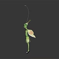 Green Game Movie Character With Antennae On Head Leaf Skirt Arms Outstretched Dark Background