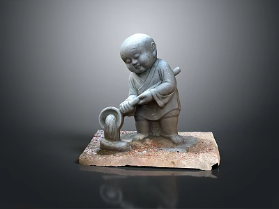 Young Monk Stone Statue Holding Tool Operating Water Basin on Stone Base 3d model