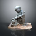 Young Monk Stone Statue Holding Tool Operating Water Basin on Stone Base 3d model