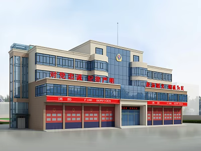 Modern Emergency Service Office Building With Red Banners Blue Glass And Roller Doors 3d model