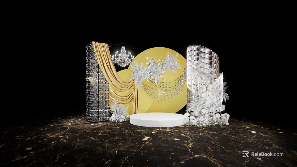 Elegant Floral Art Display Featuring Yellow Circular Backdrop White Florals Crystal Chandelier and Marble Base 3d model 