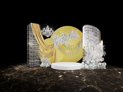 Elegant Floral Art Display Featuring Yellow Circular Backdrop White Florals Crystal Chandelier and Marble Base 3d model