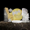 Elegant Floral Art Display Featuring Yellow Circular Backdrop White Florals Crystal Chandelier and Marble Base