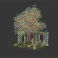 Natural Outdoor Garden Scene With Large Tree Stone Pillars Grass And Small Plants