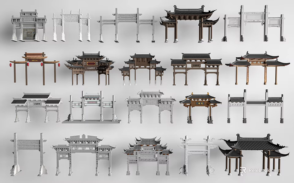 Various Traditional Chinese Paifang Archways in Different Architectural Styles and Designs 3d model 