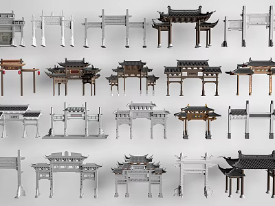 Various Traditional Chinese Paifang Archways in Different Architectural Styles and Designs 3d model
