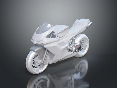 White Motorcycle 3D Model with Sleek Design and Transparent Windshield on Dark Background with Reflection 3d model