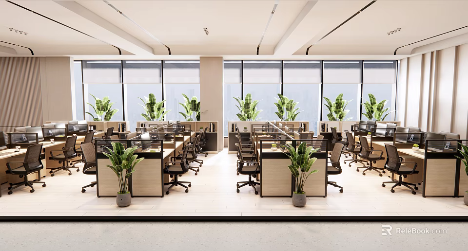 Modern Public Office Space With Open Layout Multiple Workstations Green Plants And Large Windows 3d model 